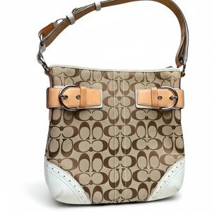 Coach Signature Brown and Cream Shoulder Bag, leather straps/corners, GUC